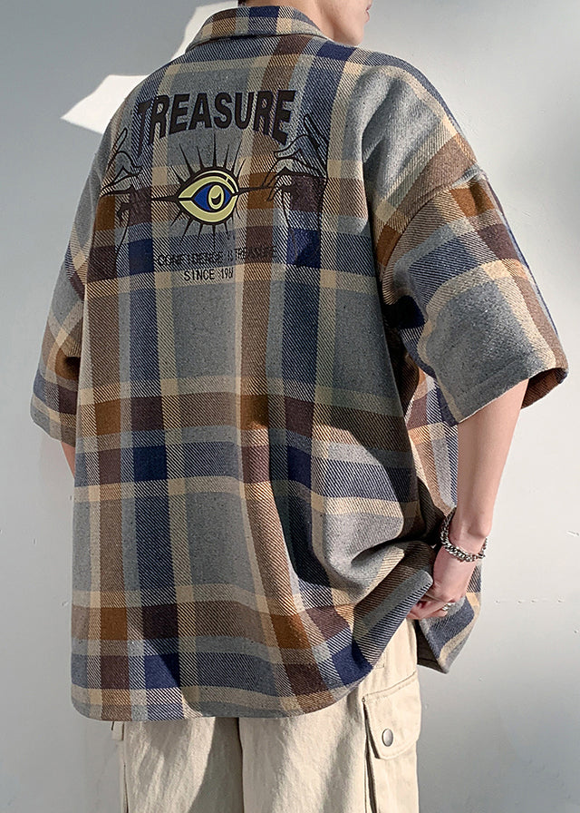 Art Blue Plaid Letter Cotton Shirts Peter Pan Collar Half Sleeve