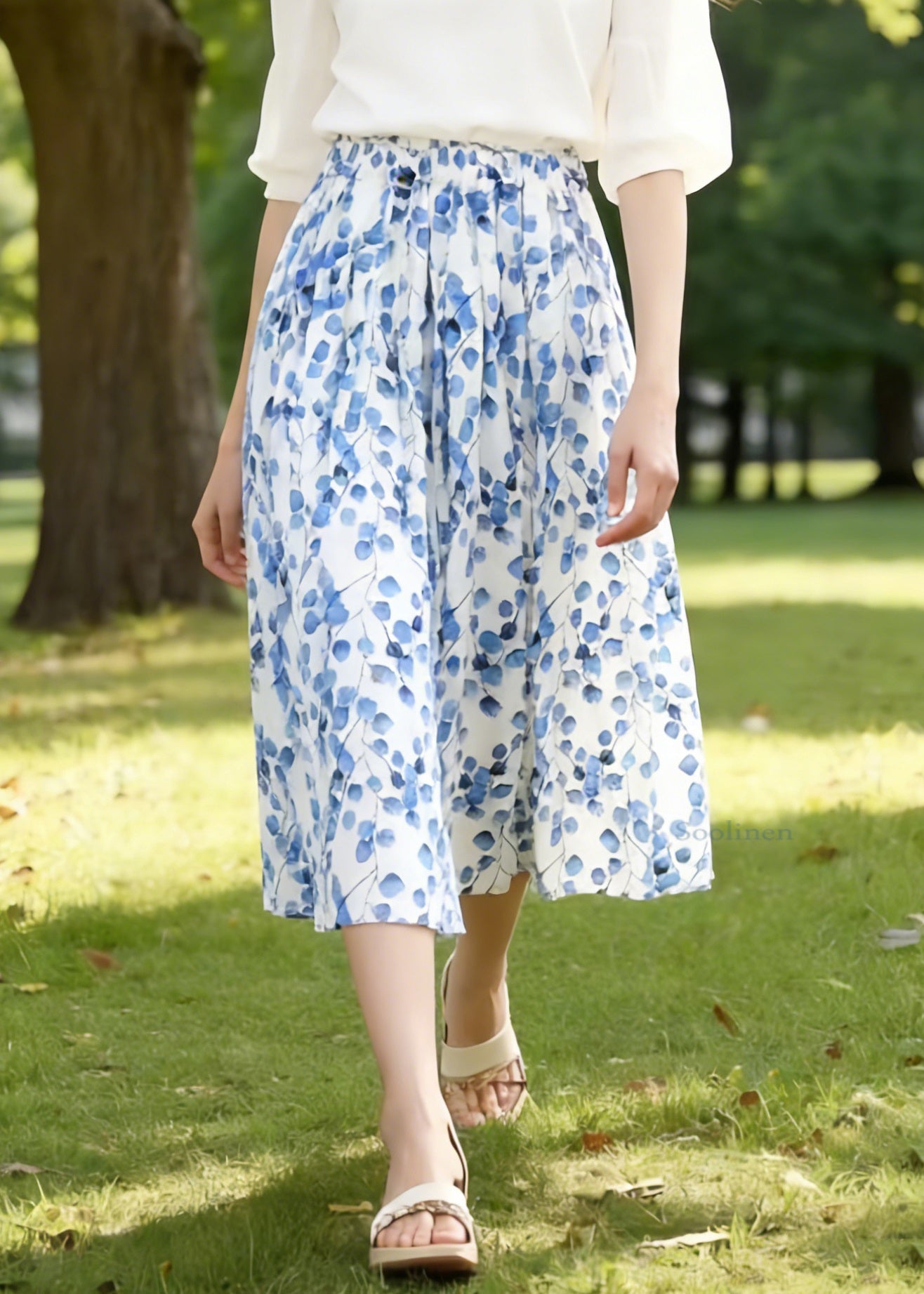 Art Blue Print Elastic Waist Cotton Skirts Summer