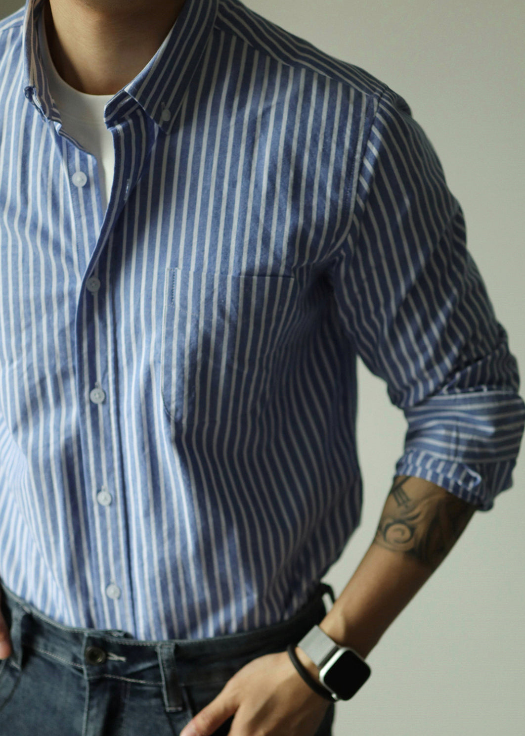 Art Blue Striped Button Pockets Cotton Shirts Men Fall
