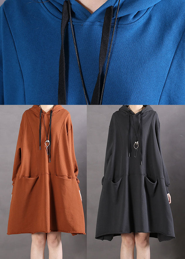 Art Caramel Asymmetrical Pockets Cotton Sweatshirts Dress Spring