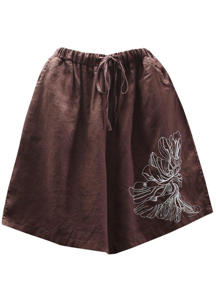 Art Chocolate Embroideried Tie Waist Linen Hot Pants