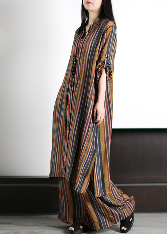 Art Coffee V Neck Striped Patchwork Silk Maxi Shirts and Wide Leg Pants Two Piece Set Spring