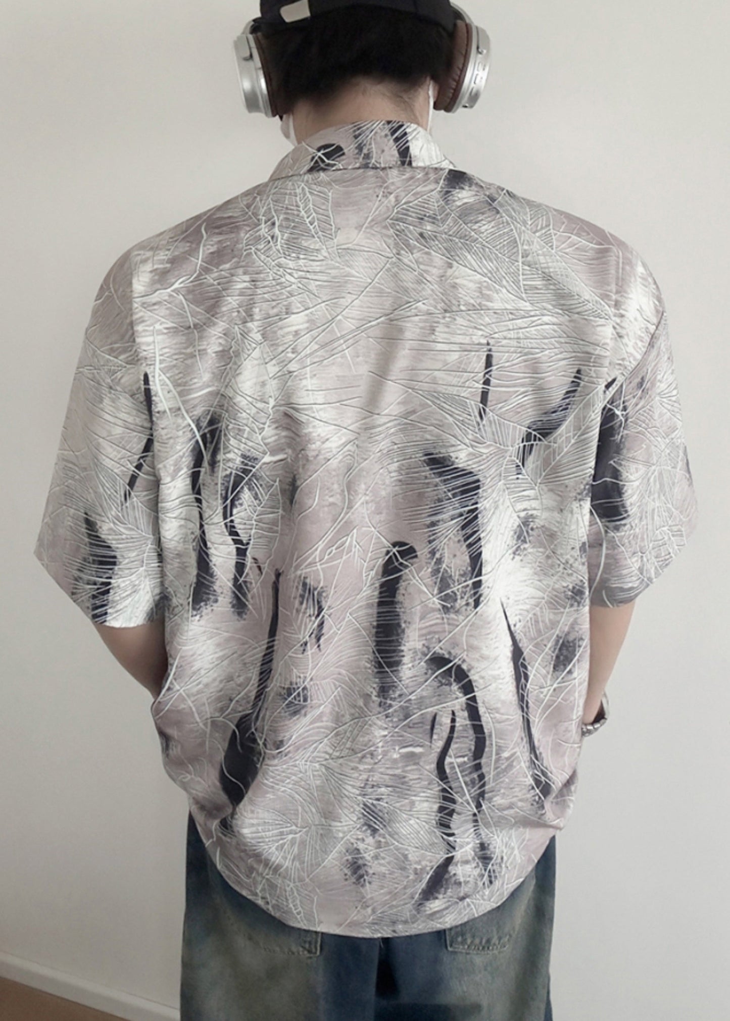 Art Grey Peter Pan Collar Print Cotton Shirt Summer