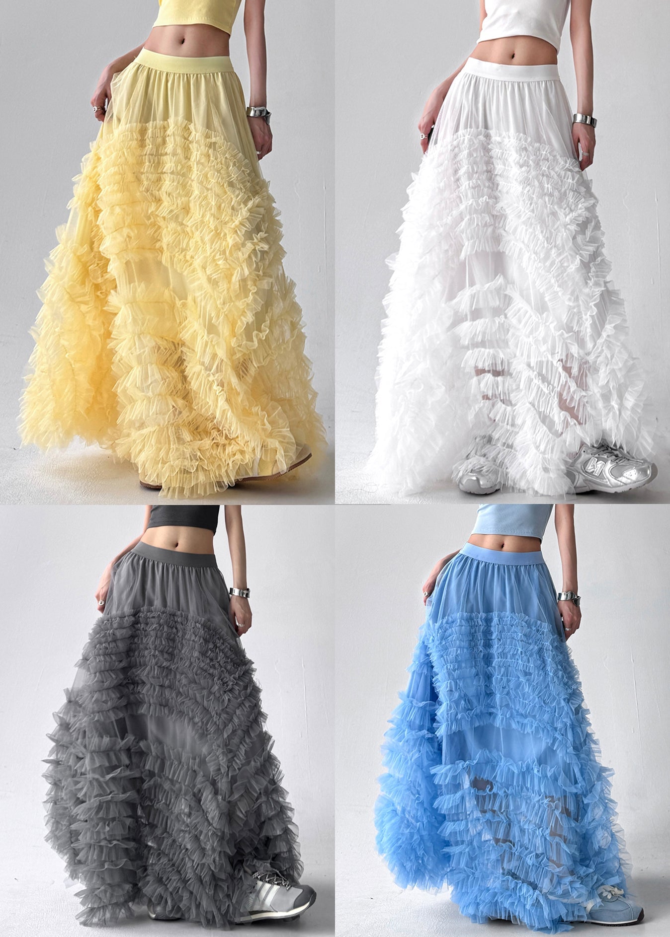 Art Grey Ruffled Elastic Waist Tulle Maxi Skirts Summer