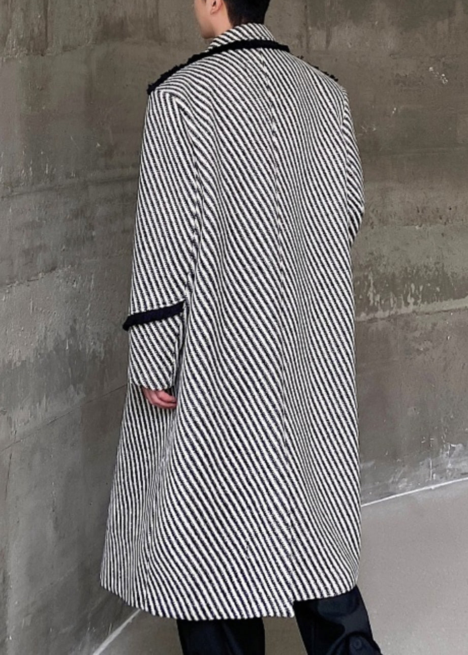 Art Grey Striped Button Woolen Long Coats Winter