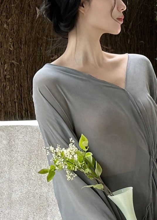 Art Gray Flowers V Neck Wrinkled Cotton Maxi Dresses Long Sleeve