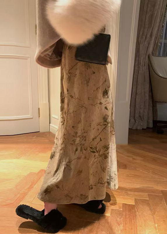 Art Khaki Print High Waist Silk Velvet Skirts Spring