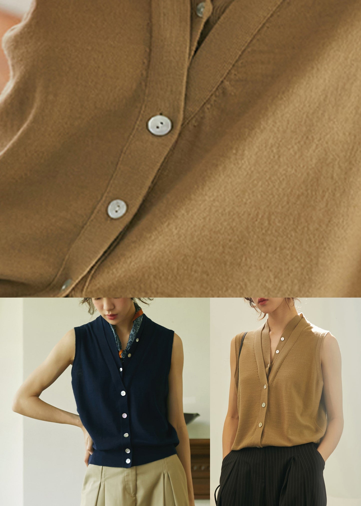 Art Khaki V Neck Thin Knit Woolen Top Summer