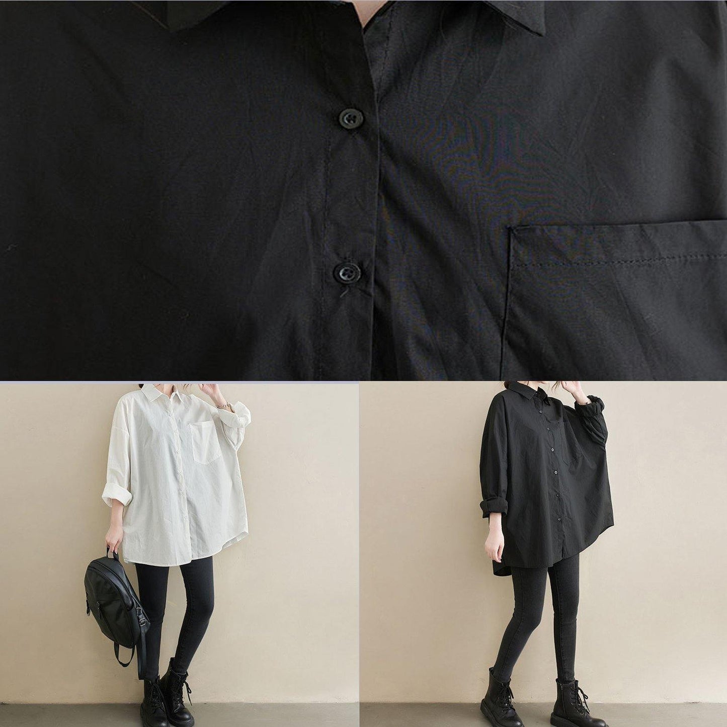 Art Lapel Pockets Spring Tunic Top Shirts Black Top