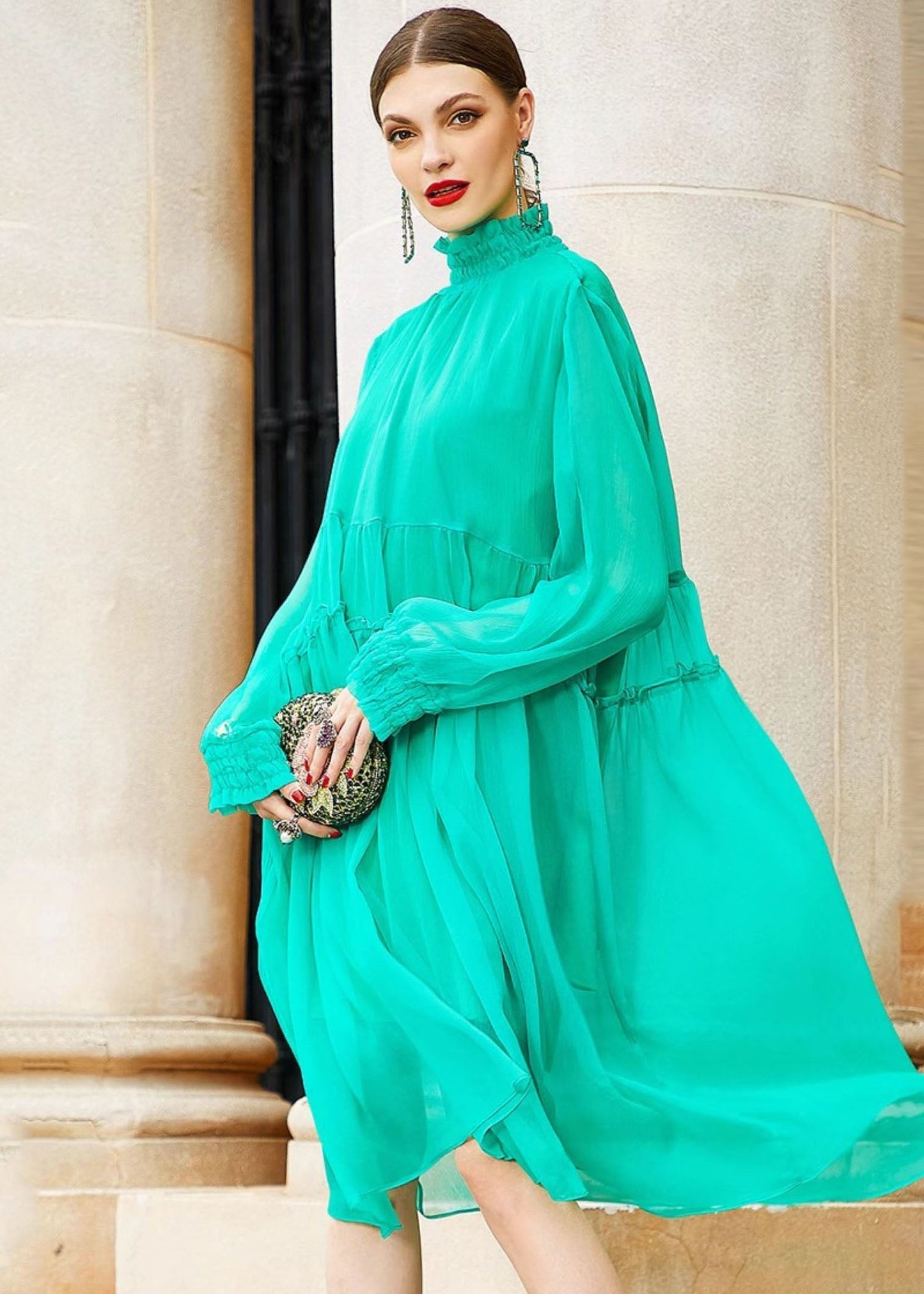Art Light Green Turtleneck Patchwork Wrinkled Silk Mid Dress Fall