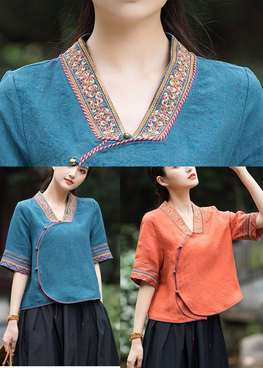 Art Peacock Blue Style Embroideried Linen Top Half Sleeve