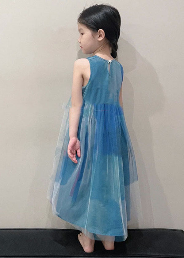 Art Peacock Blue O Neck Wrinkled Patchwork Tulle Kids Long Dress Sleeveless