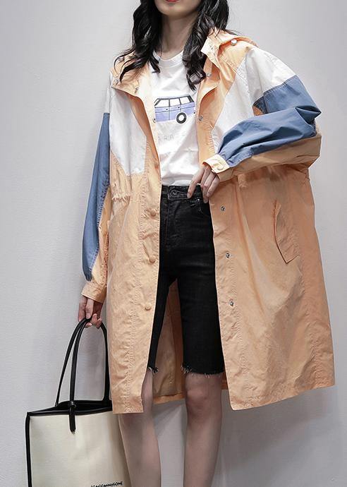 Art Orange Coats Blouses Fabrics Hooded Zippered Patchwork Outwears