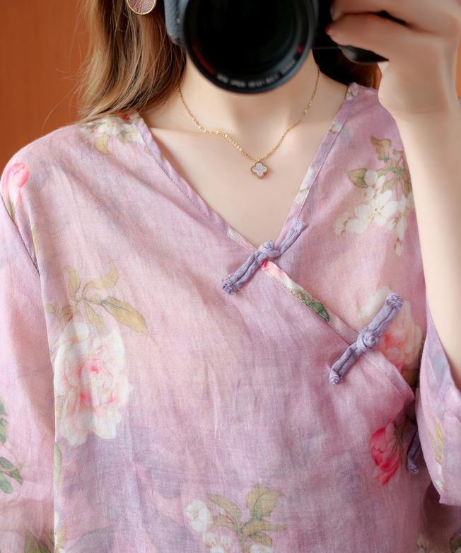 Art Purple Print Shirts V Neck Asymmetric Knee Summer Shirts