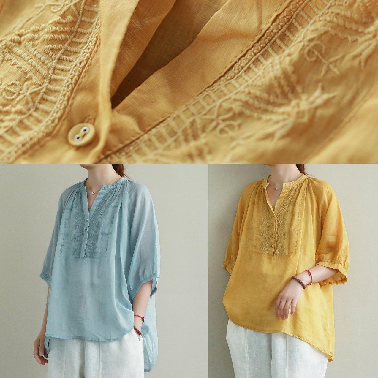 Art Yellow Embroidery Linen Tunic Top V Neck Button Down Silhouette Summer Blouses