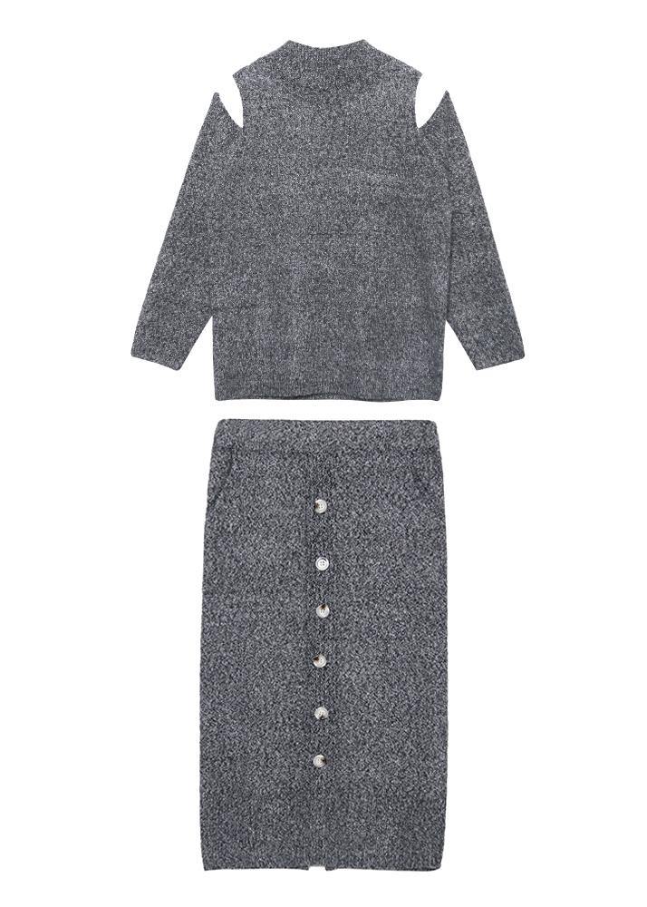 Autumn Knitted Gray Set Two-piece Skirt New Sweater Skirt Set