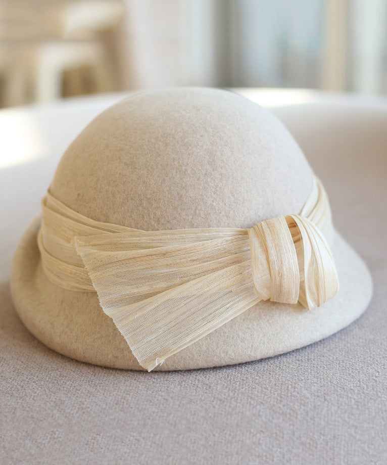 Autumn Winter Camel Silk and Linen Decorated Wool Bucket Hat