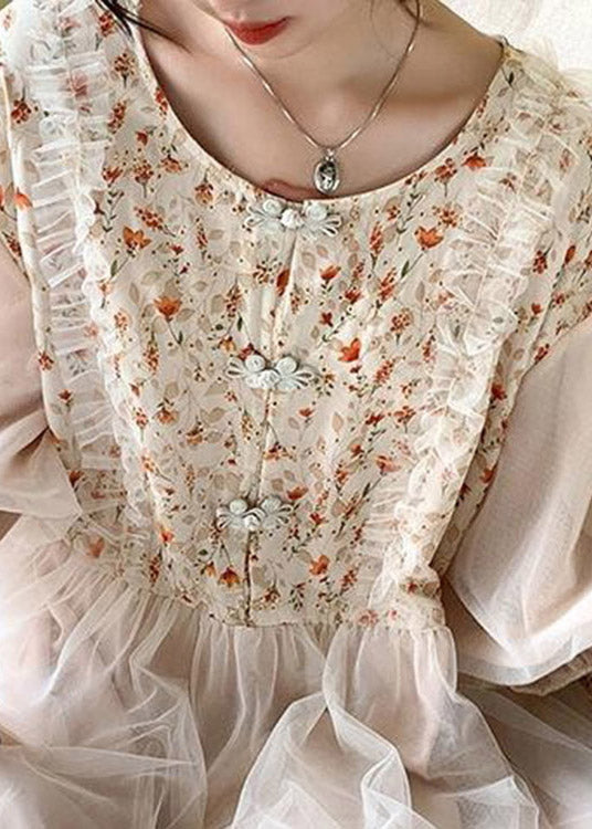 Apricot O-neck Embroideried Tulle Patchwork Maxi Dresses Half Sleeve