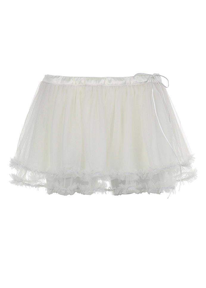 Beige Ruffled Drawstring Patchwork Tulle Skirts Summer