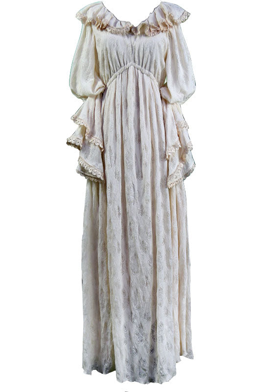 Beige Ruffled Silk Velour Long Dresses Puff Sleeve