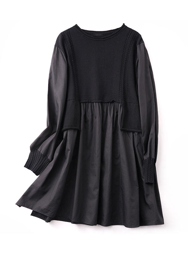 Black Asymmetrical Knit Patchwork Cotton Dresses