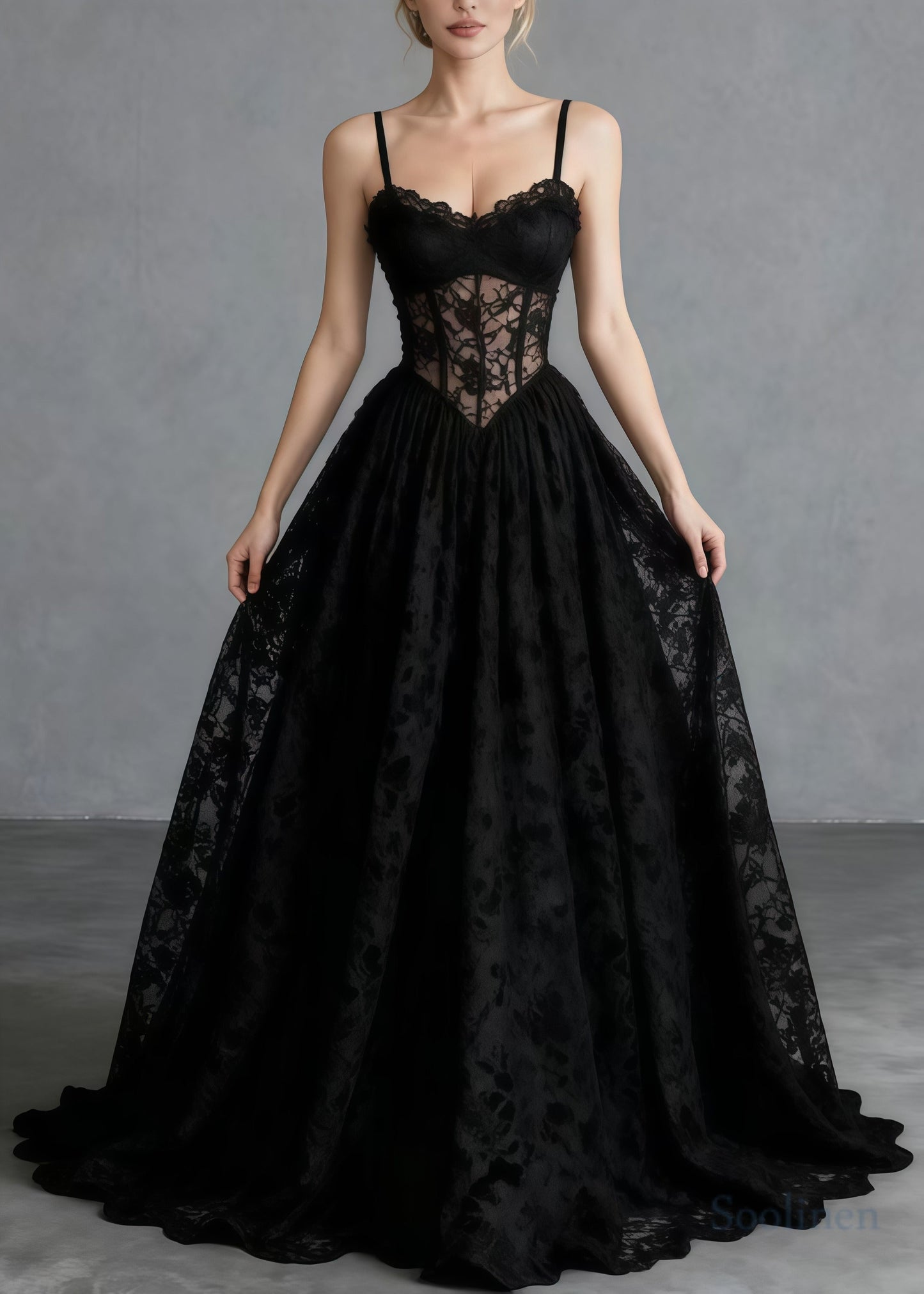Black Hollow Out Exra Large Hem Lace Cami Dresses Summer