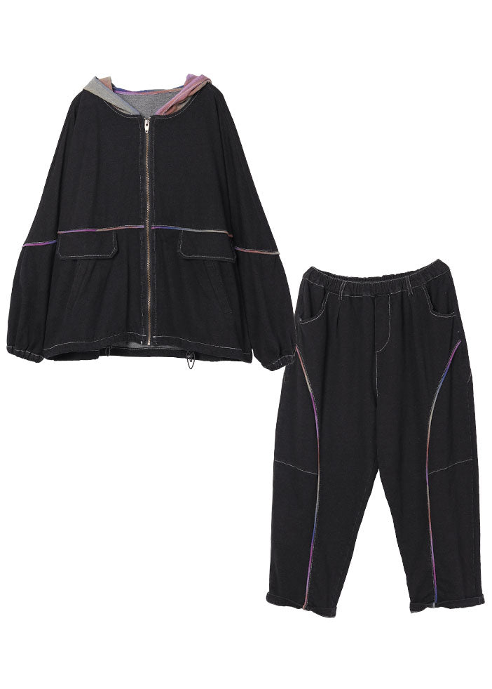 Black Loose Hooded Zippered Fall Two Pieces Set Long Sleeve