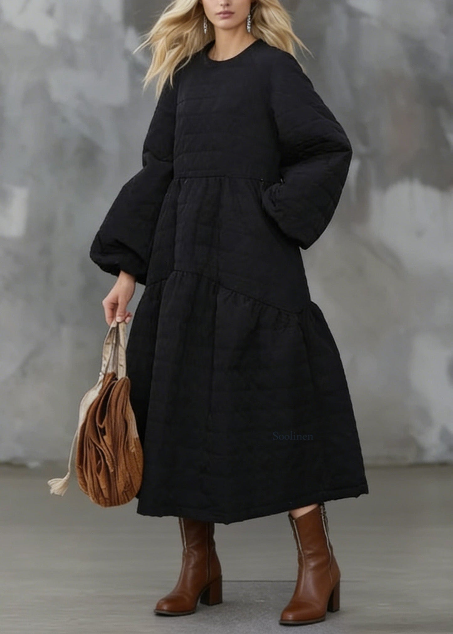 Black O Neck Pockets Patchwork Fine Cotton Filled Dress Winter