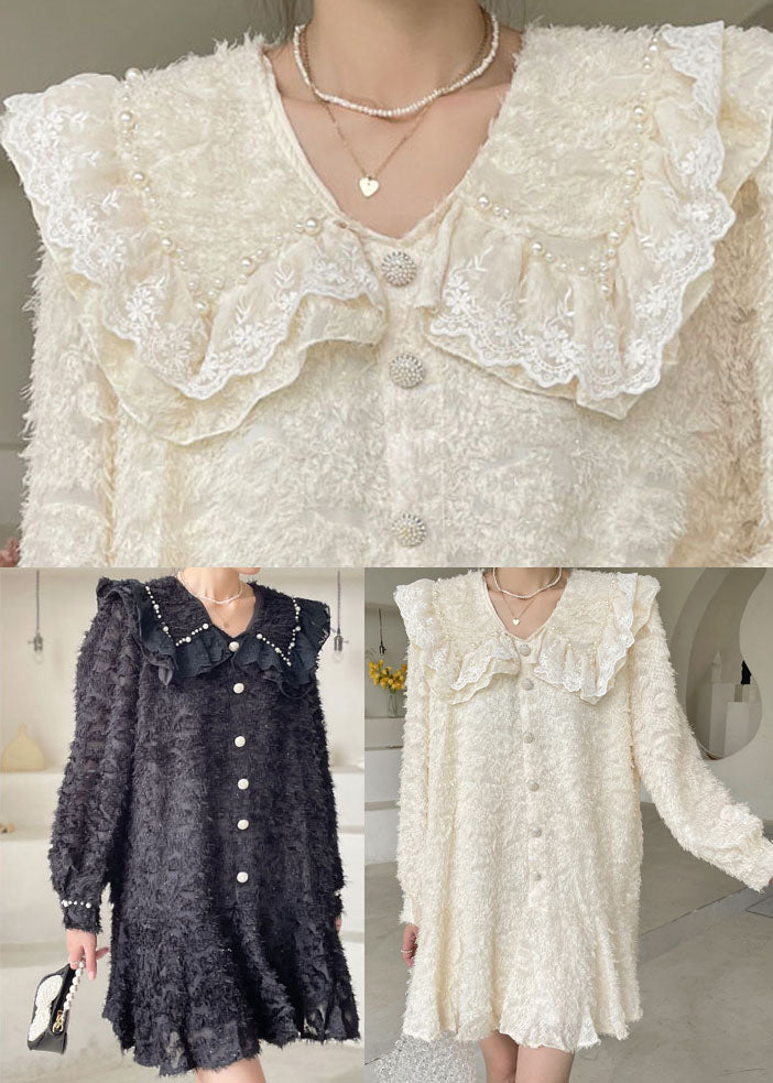 Black Peter Pan Collar Ruffled Mini Dresses Spring