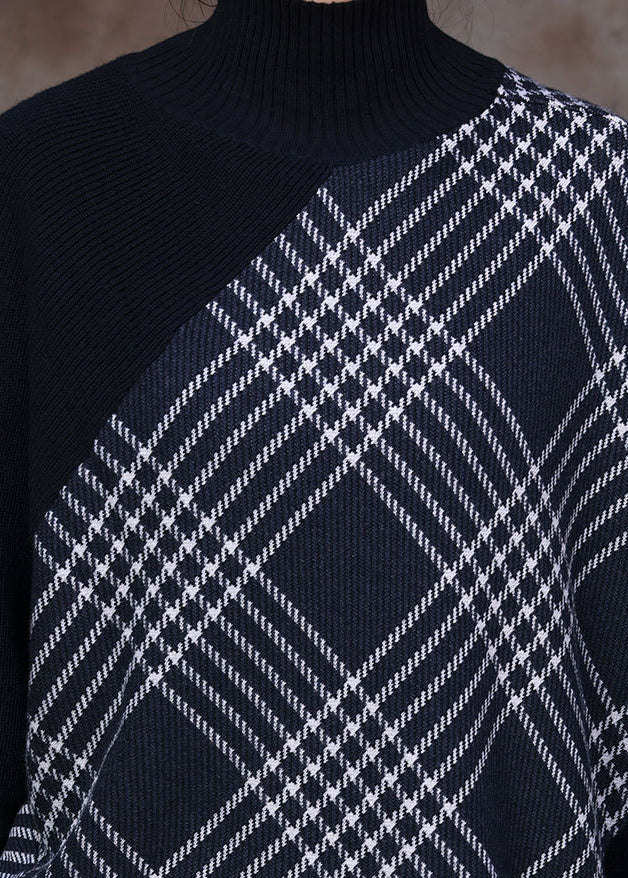 Black Turtleneck Striped Plaid Patchwork Knit Sweaters and Wide Leg Pants Two Piece Set Fall