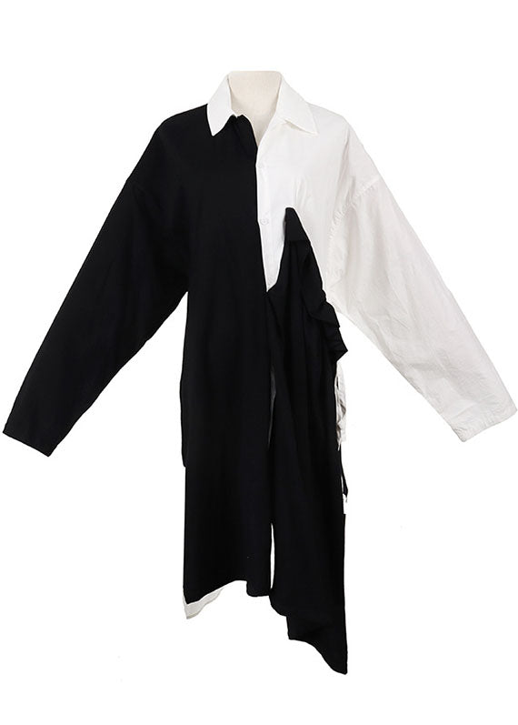 Black White Patchwork Asymmetrical Design Fall Dress Long Sleeve