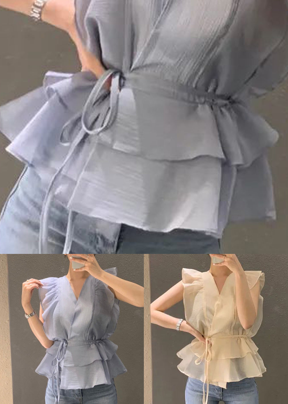 Blue Cinched Ruffles Shirts Sleeveless