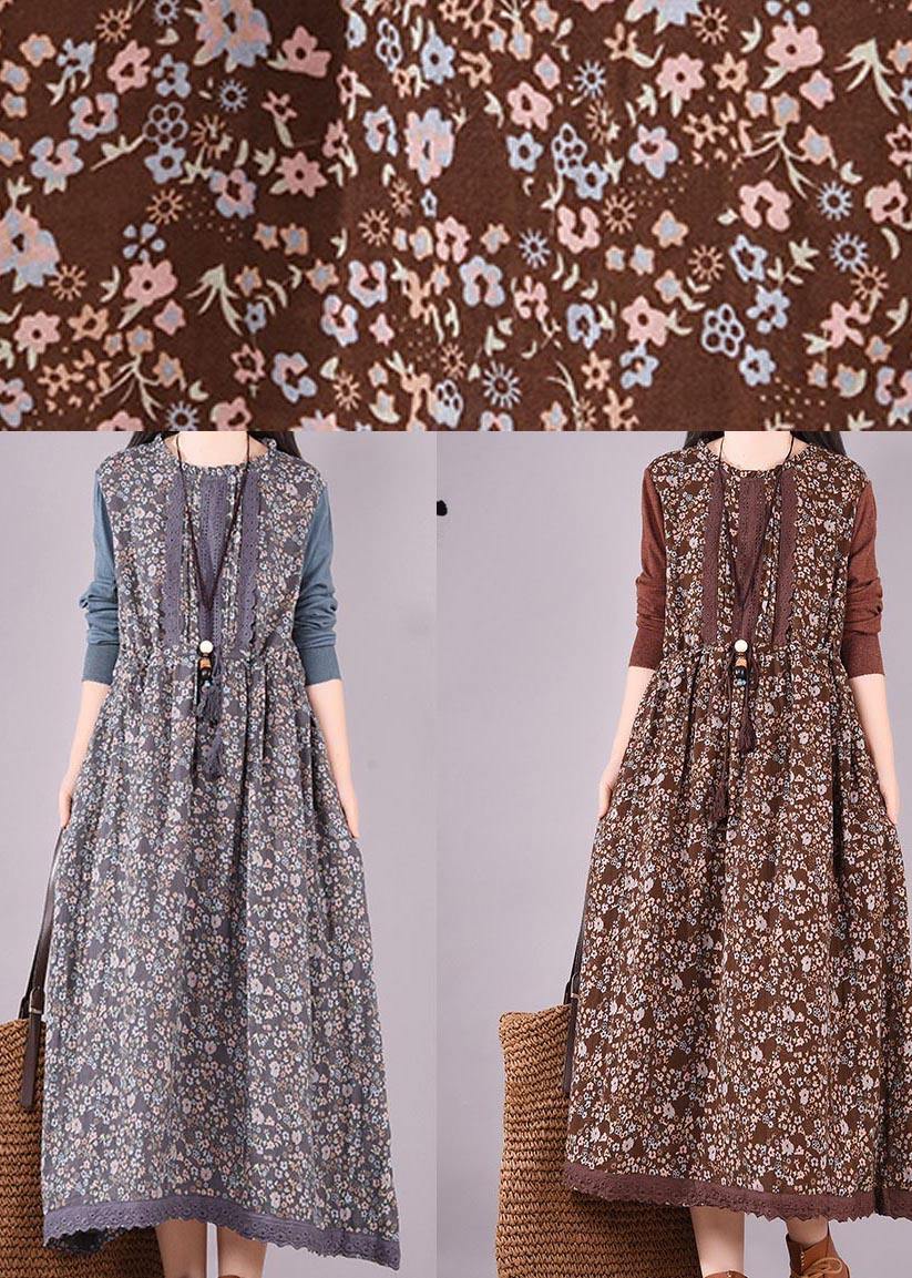Blue Patchwork Print Dresses O Neck Lace Robe Spring Dresses
