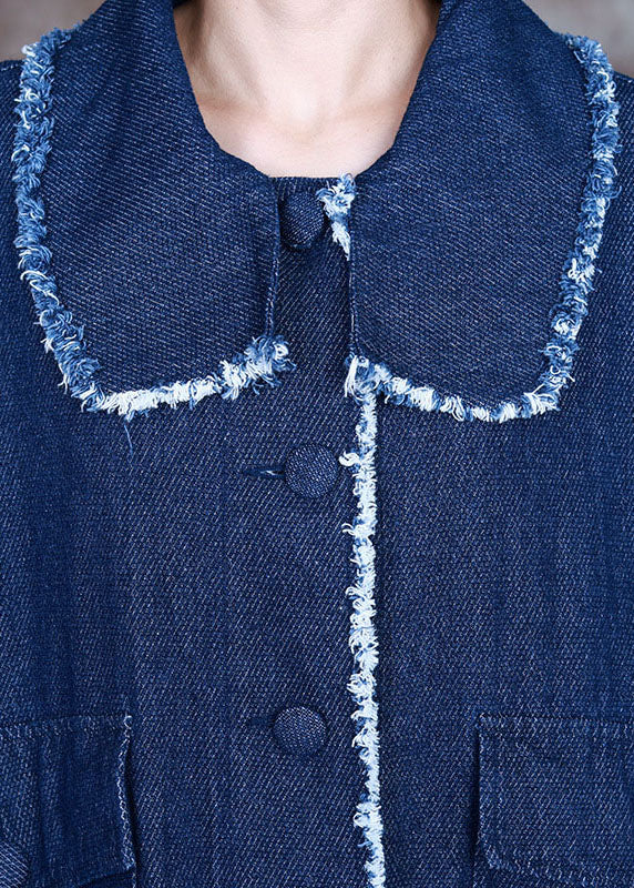 Blue Peterpan Collar Button Side Open Denim Coat Winter