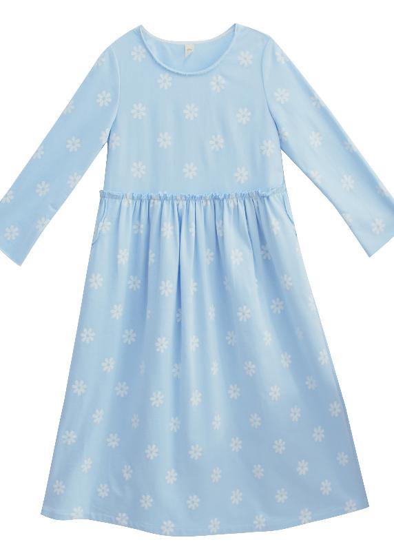 Blue Print Clothes for O Neck Cinched Vestidos De Lino Dresses