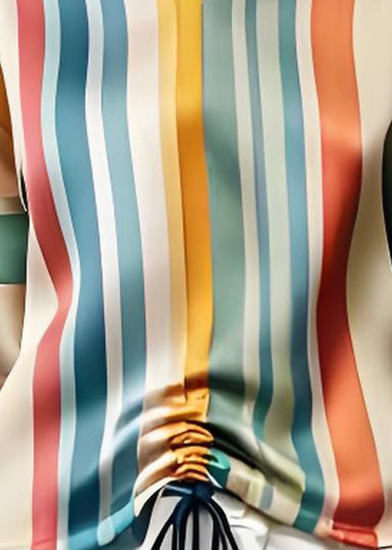 Colorblock V Neck Striped Cinched Silk Top Summer