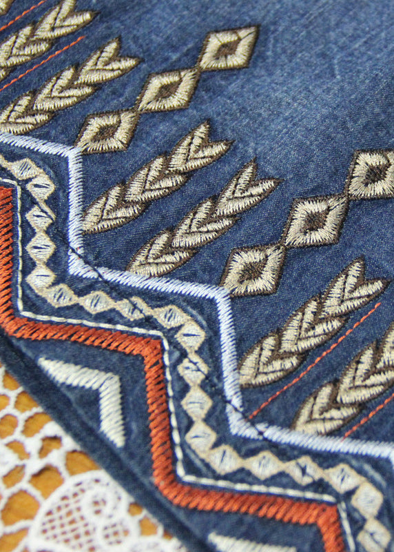 Denim Blue Peter Pan Collar Embroideried Cotton Shirt Dress Short Sleeve