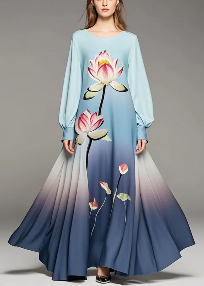 Gradient Color Lotus Print Chiffon Dress Spring