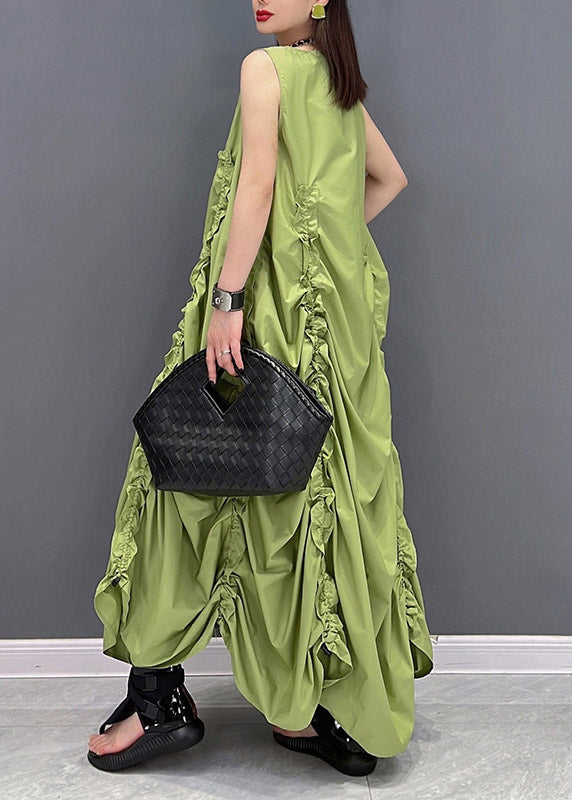 Green O-neck Wrinkled Pockets Chiffon Dresses Sleeveless
