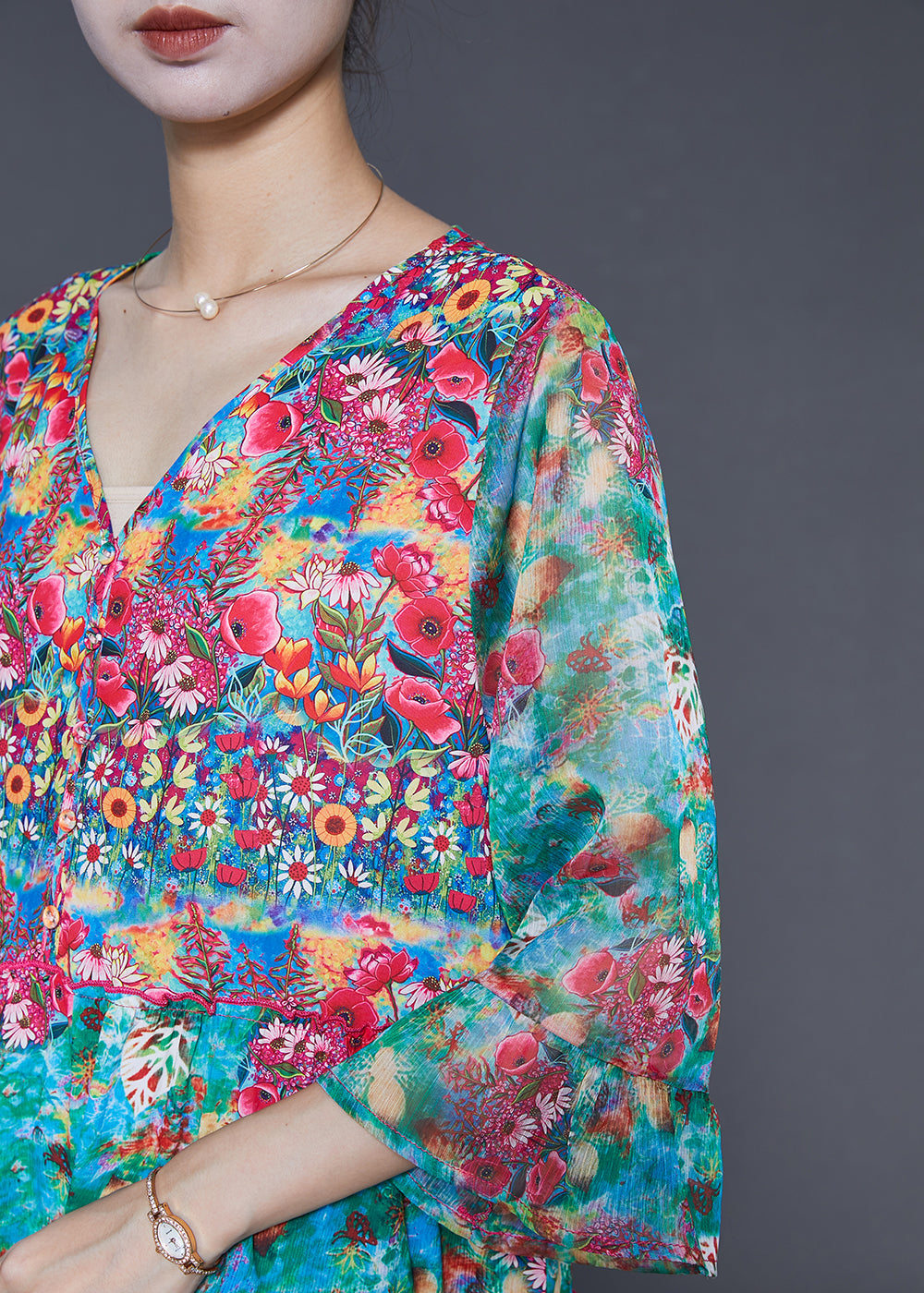 Green Print Chiffon Tea Dresses Bracelet Sleeve