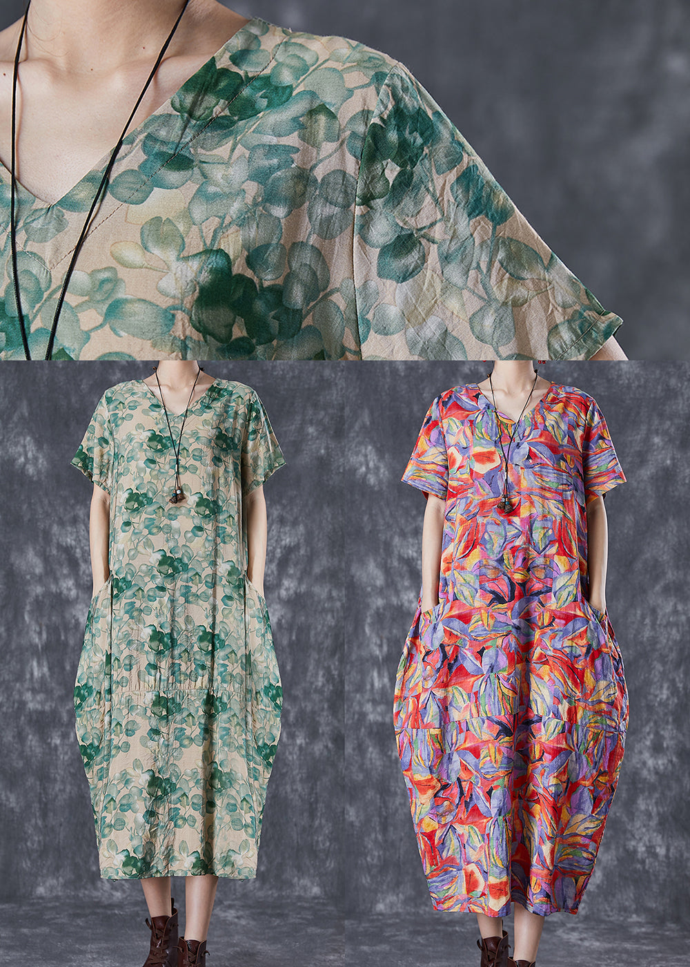 Green V Neck Print Linen Robe Dresses Summer