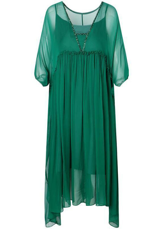 Green V Neck Ruffled Wrinkled Chiffon Party Dress Bracelet Sleeve