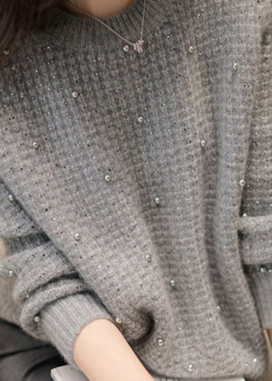 Grey O Neck Nail Bead Woolen Knit Sweaters Winter
