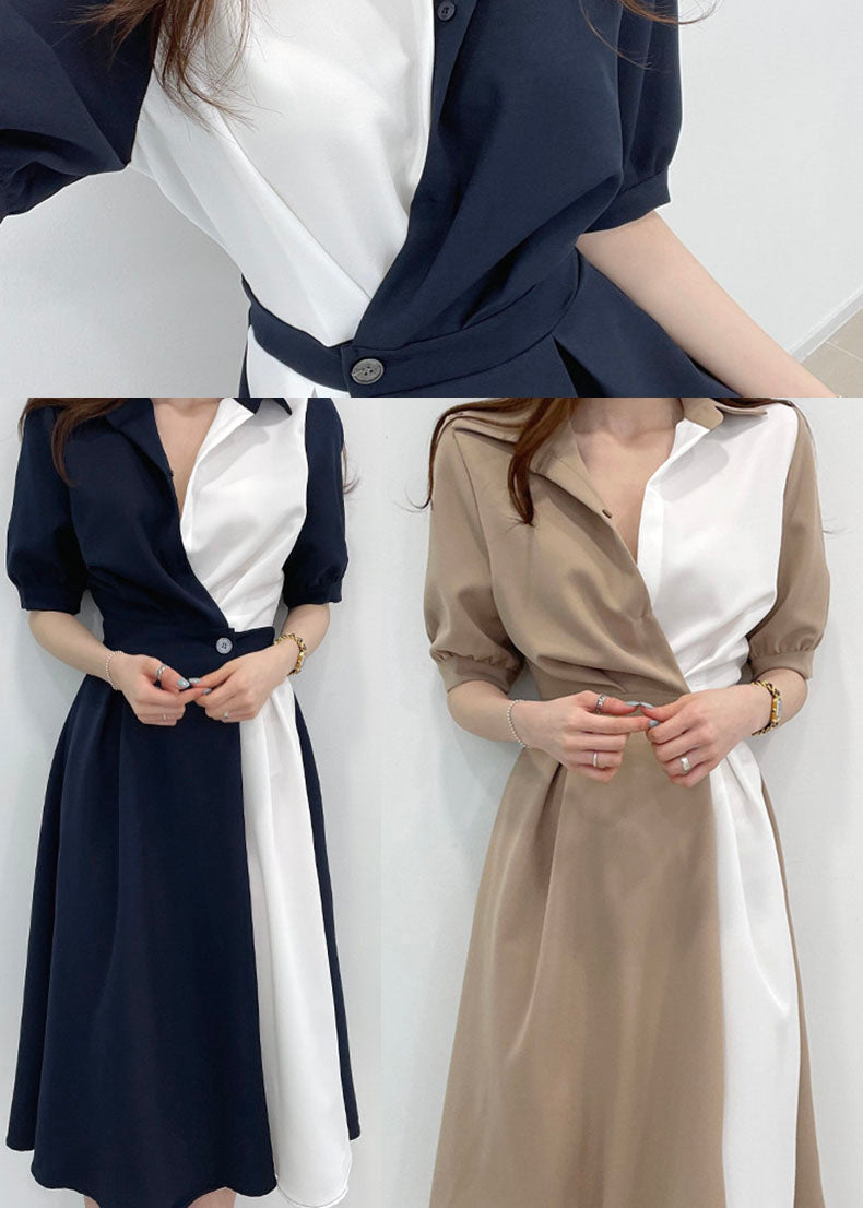 Khaki Peter Pan Collar Patchwork Cotton Dresses Short Sleeve