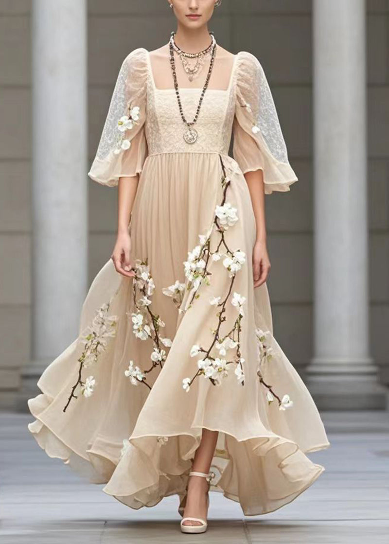 Khaki Puff Sleeve Three-dimensional Plum Blossom Chiffon Sundress