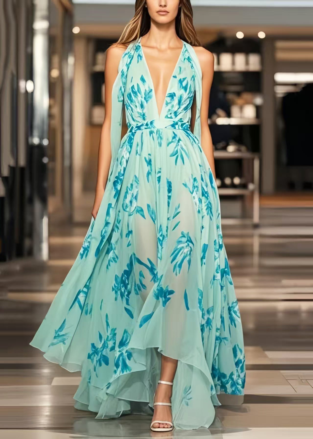 Light Blue Print Exra Large Hem Chiffon Sundress Summer
