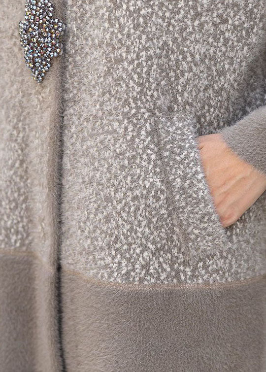 Light Grey Stand Collar Patchwork Pockets Mink Hair Knitted Trench Coats Winter