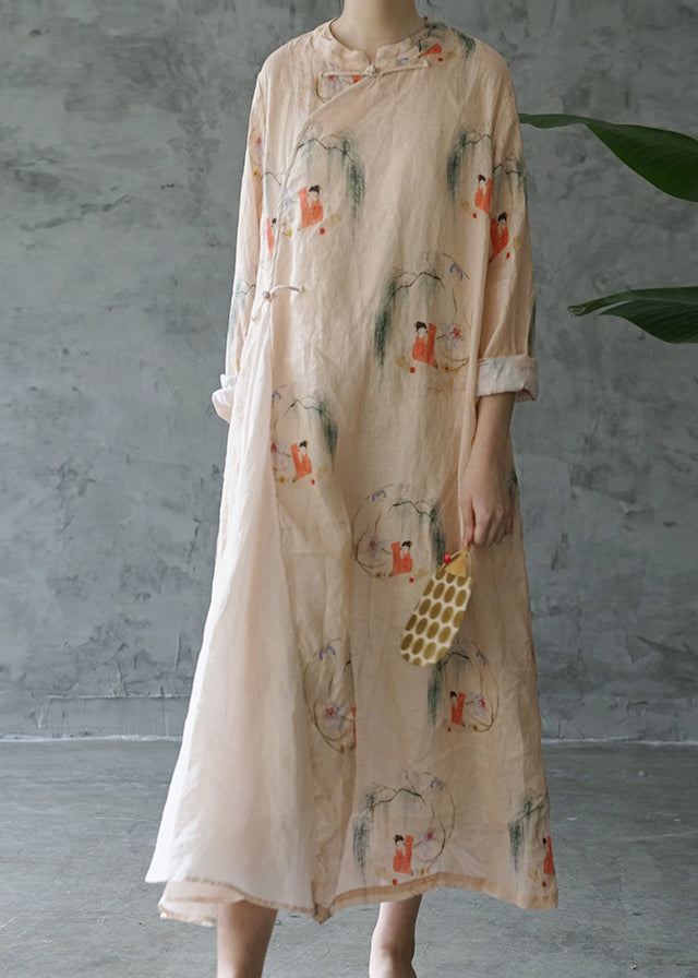 Light Pink Mandarin Collar Print Patchwork Linen Long Dress Long Sleeve