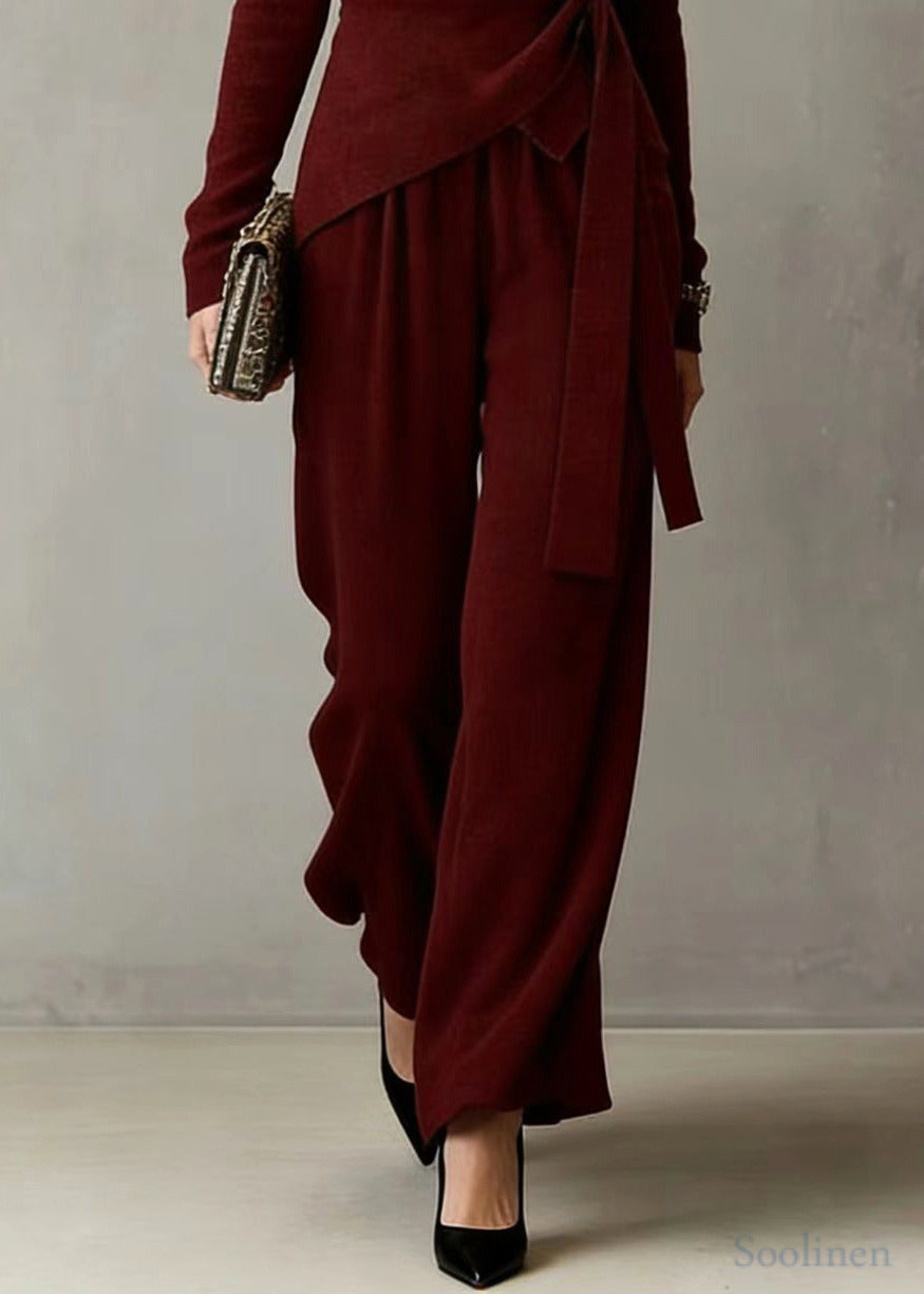 Mulberry Asymmetrical Design Knit Tops and Wide Leg Pants Two Pieces Set Spring