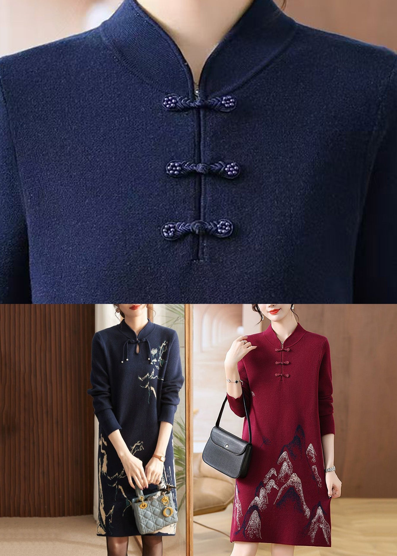Navy Print Patchwork Cotton Knit Long Sweater Dress Long Sleeve